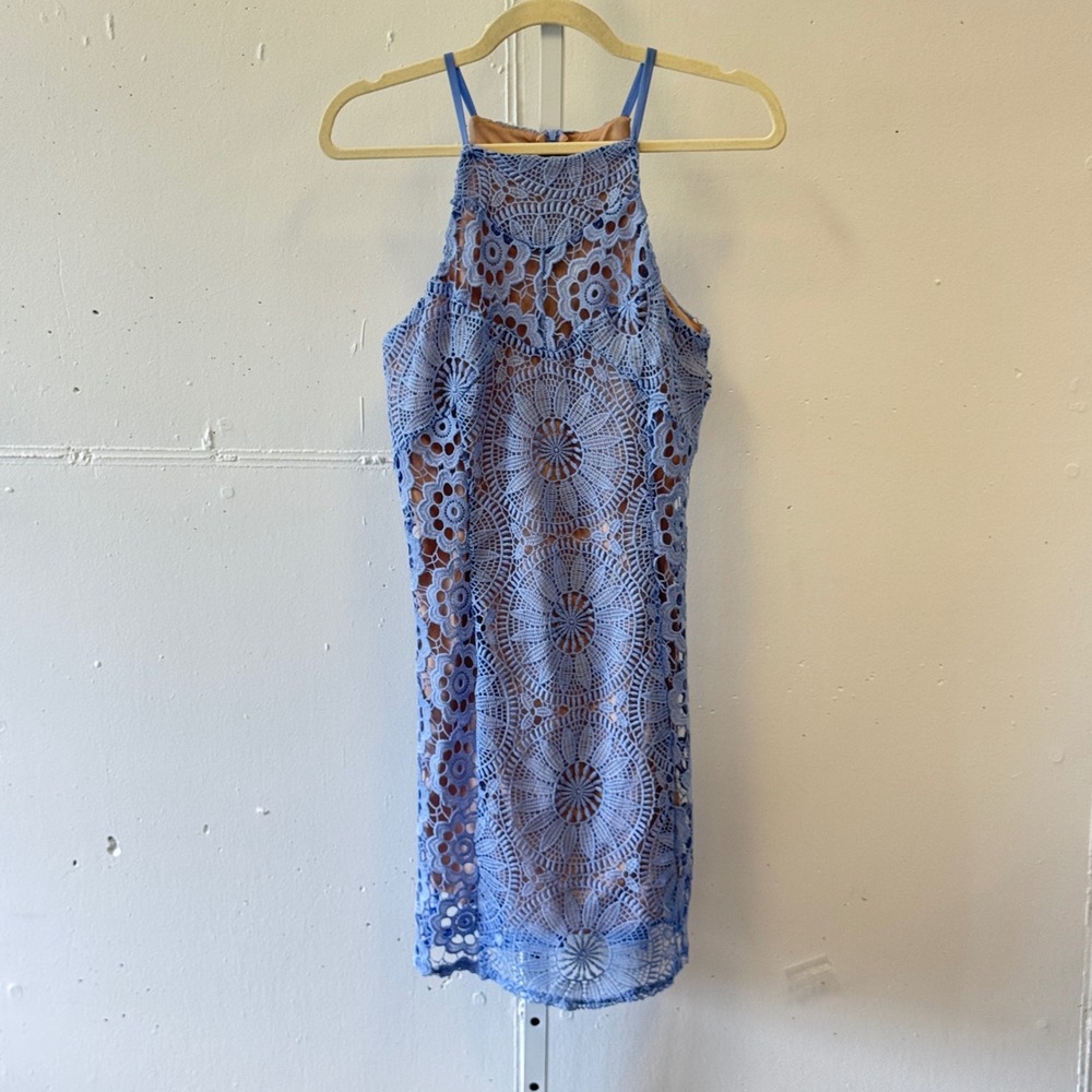 Francesca's Blue Crochet Lace Halter Mini Dress Garden Party Medium Cocktail